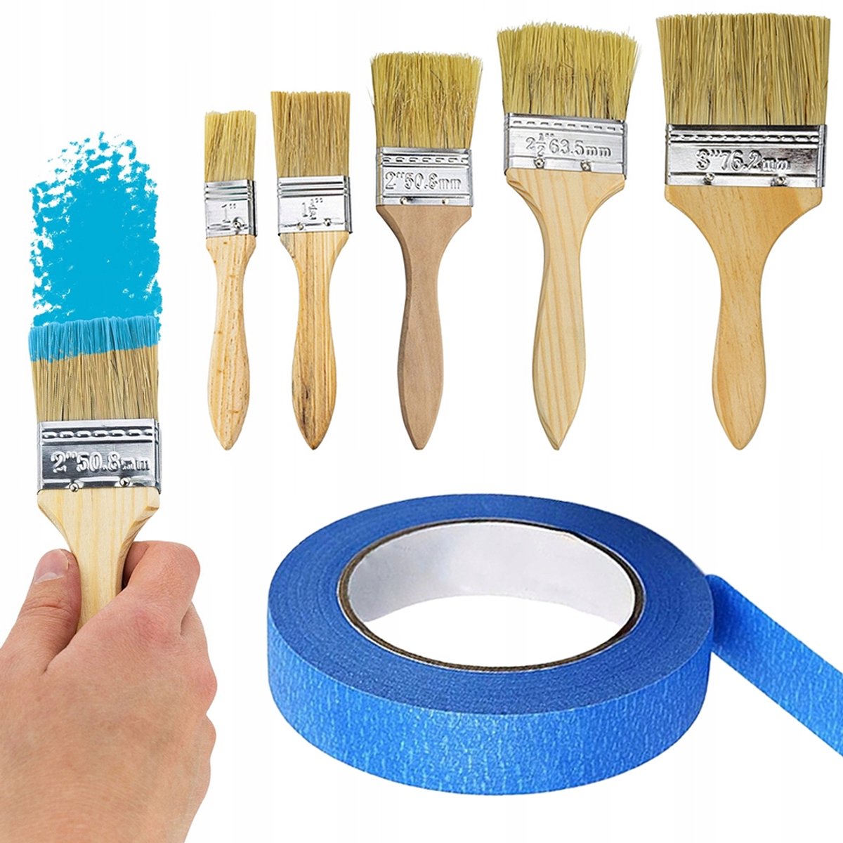 Rosfix Verfborstelset - 5 Synthetische Borstels - Blauwe Schilderstape 40 mm x 50 m