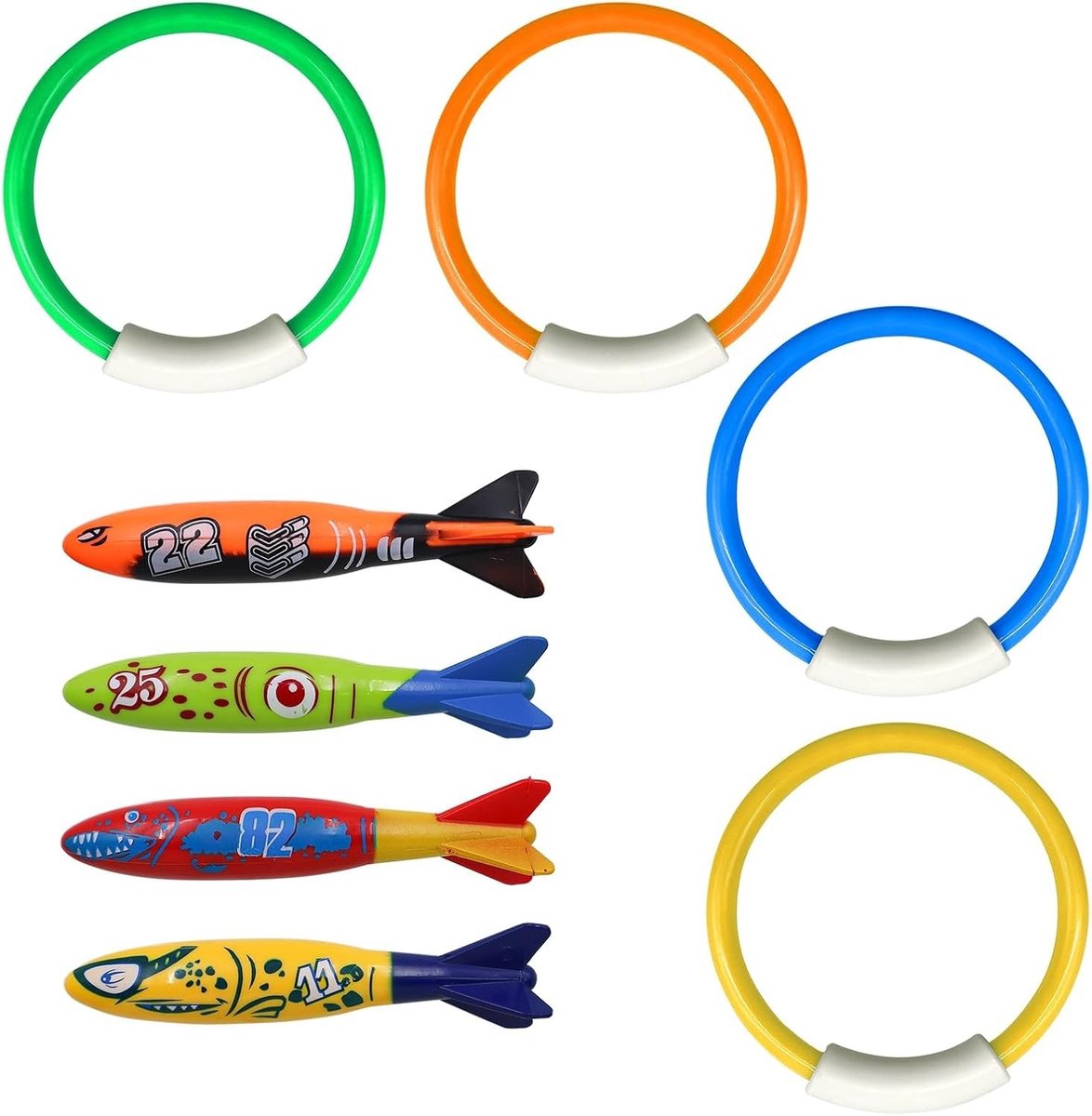 Set van 8 Duik Speelgoed, Kleurrijke Zwembad Ringen voor Kinderen met 4 Duik Orpedo's, Ideaal voor Zwemtraining en Waterplezier voor Kinderen van 4-10 Jaar