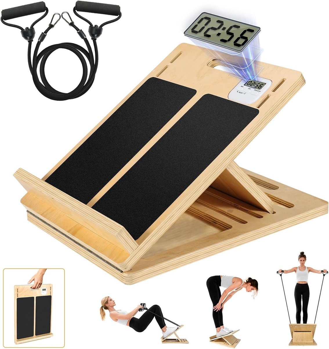 Upgrade je Calf Stretching Slant Board met 4 Verstelbare Hoeken, Houten Calf Stretcher Ramp en Stretch Bands voor Thuis en Gymgebruik