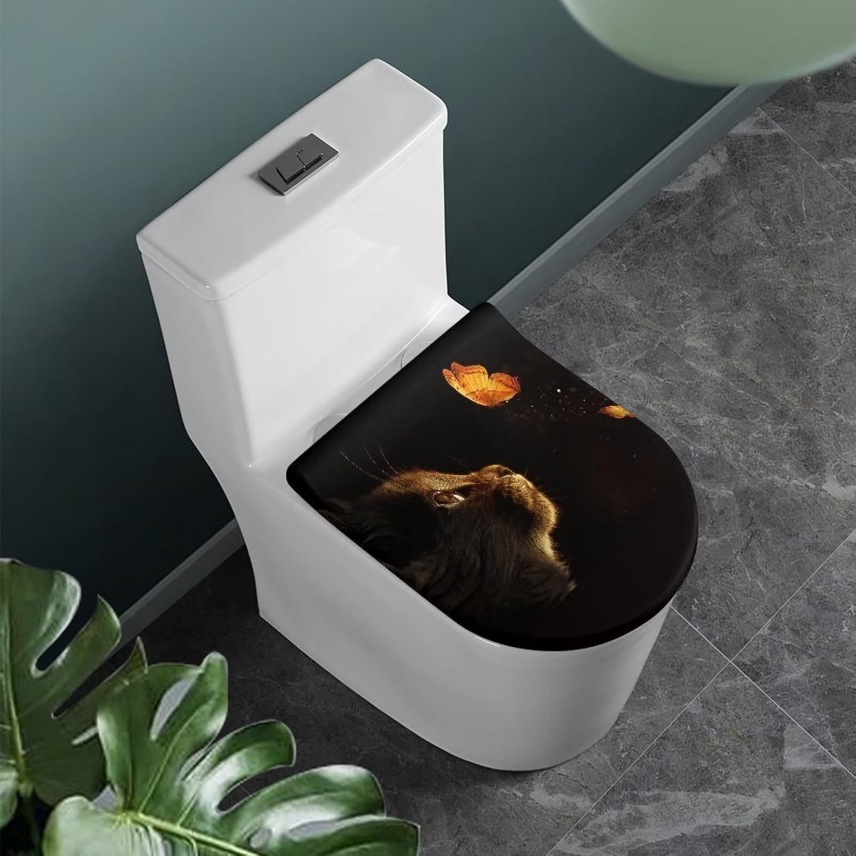 Zwarte Toiletbril Cover met Schattige Kat en Vlinder, Wasbare en Antislip Zitting voor Badkamerdecoratie