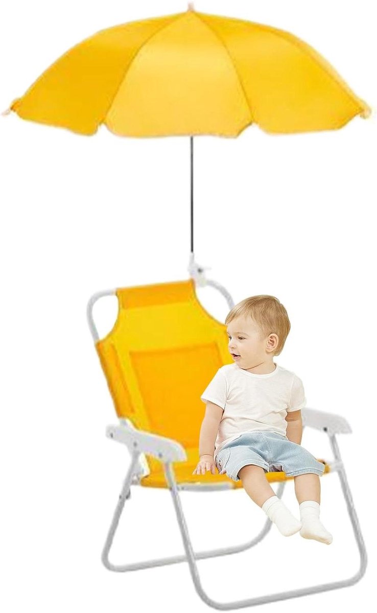 Kinder Strandstoel - Campingstoel Kinderen - Buiten Zitten - Verstelbare Zonnekap - Compact Opvouwbaar - Geel