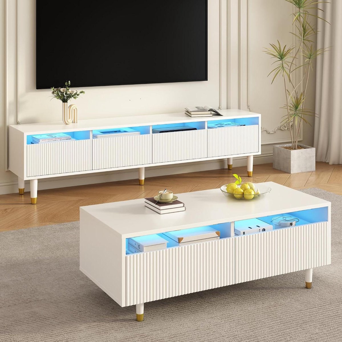 Tv-meubel met laden - Lowboard Mediabureau - Opbergen Woonkamer - Kabeldoorvoer - 178x35x45 cm - Wit