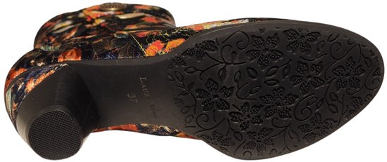 Zool van zwarte laars met bloemenprint en logo 'Laura Vita'.