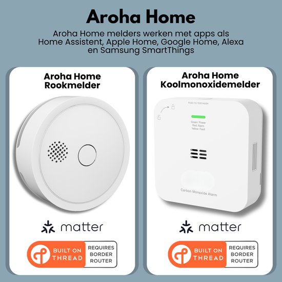 Een witte ronde rookmelder en een witte vierkante koolmonoxidemelder, beide met het 'Matter' logo en 'Built on Thread' en 'Requires Border Router'.