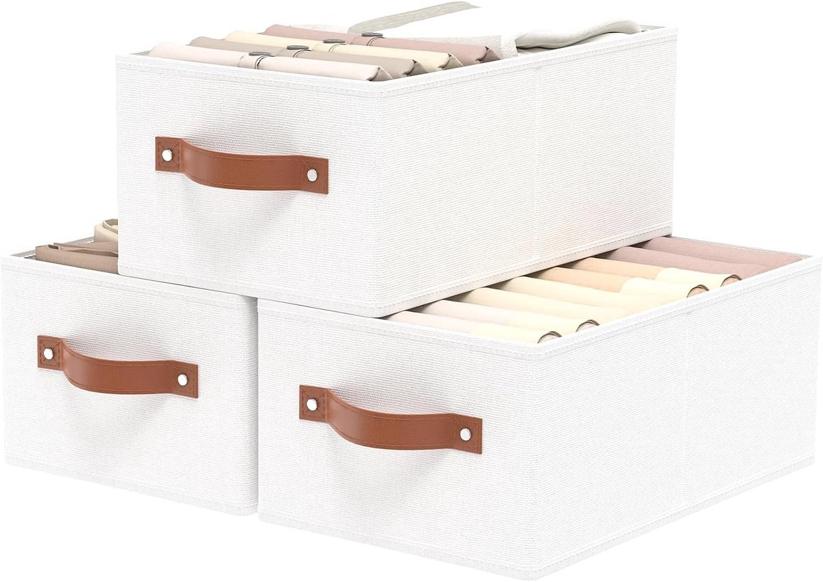 Vouwbare Opbergdozen Set van 3, Stoffen Opbergmanden met Handvat, Ideaal voor Kleding, Speelgoed en Kantoororganisatie, Wit, 41 x 25 x 16,5 cm