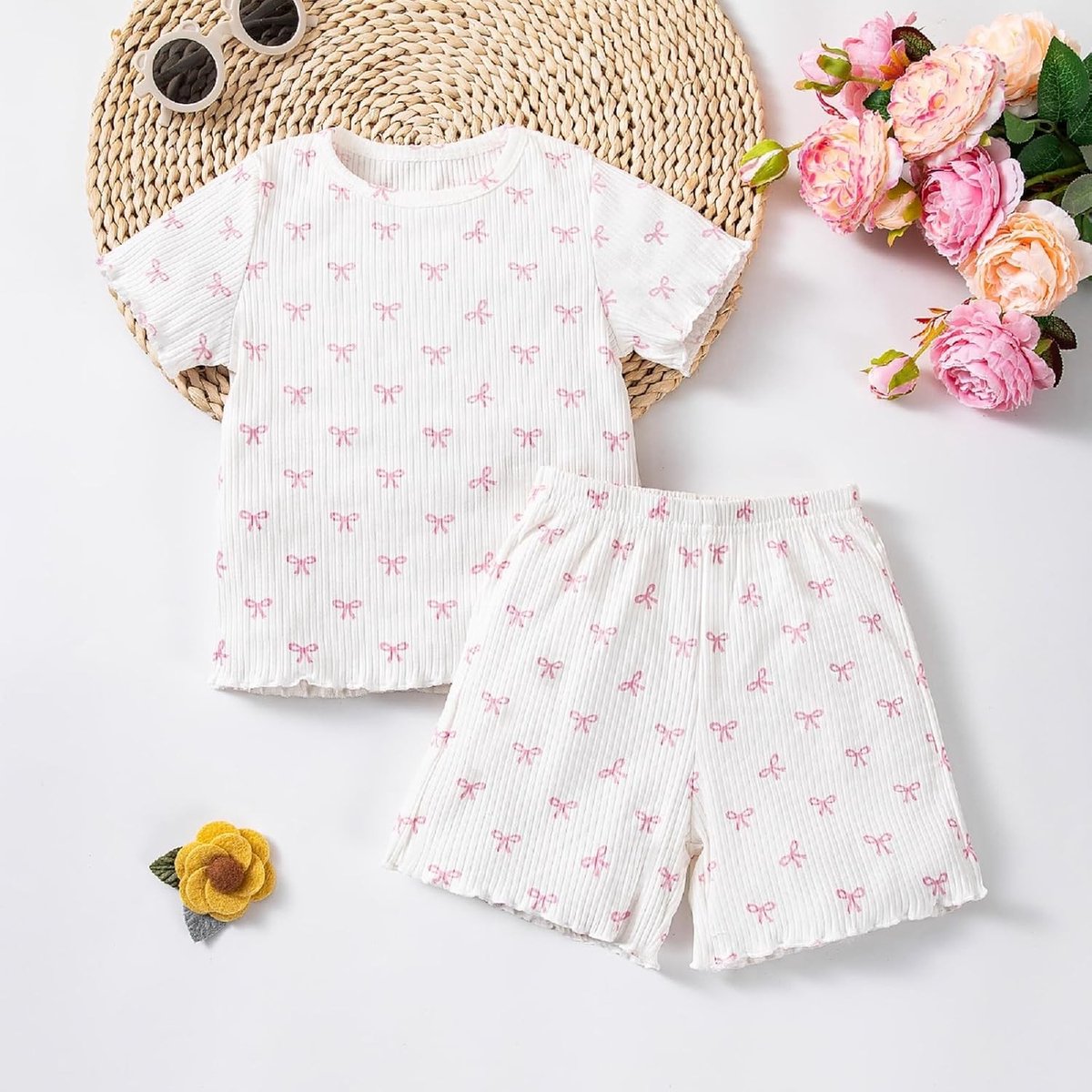 Schattige Rimpel T-shirt met Strik en Korte Broek voor Meisjes - Zomeroutfit voor Peuters met Comfortabele Stijl en Ademend Materiaal
