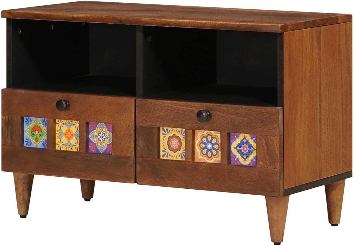 Salontafel Mangohout - Woonkamertafel Bijzettafel - Opbergen Woonkamer - Met Lade Plank - 80 x 54 x 40 cm