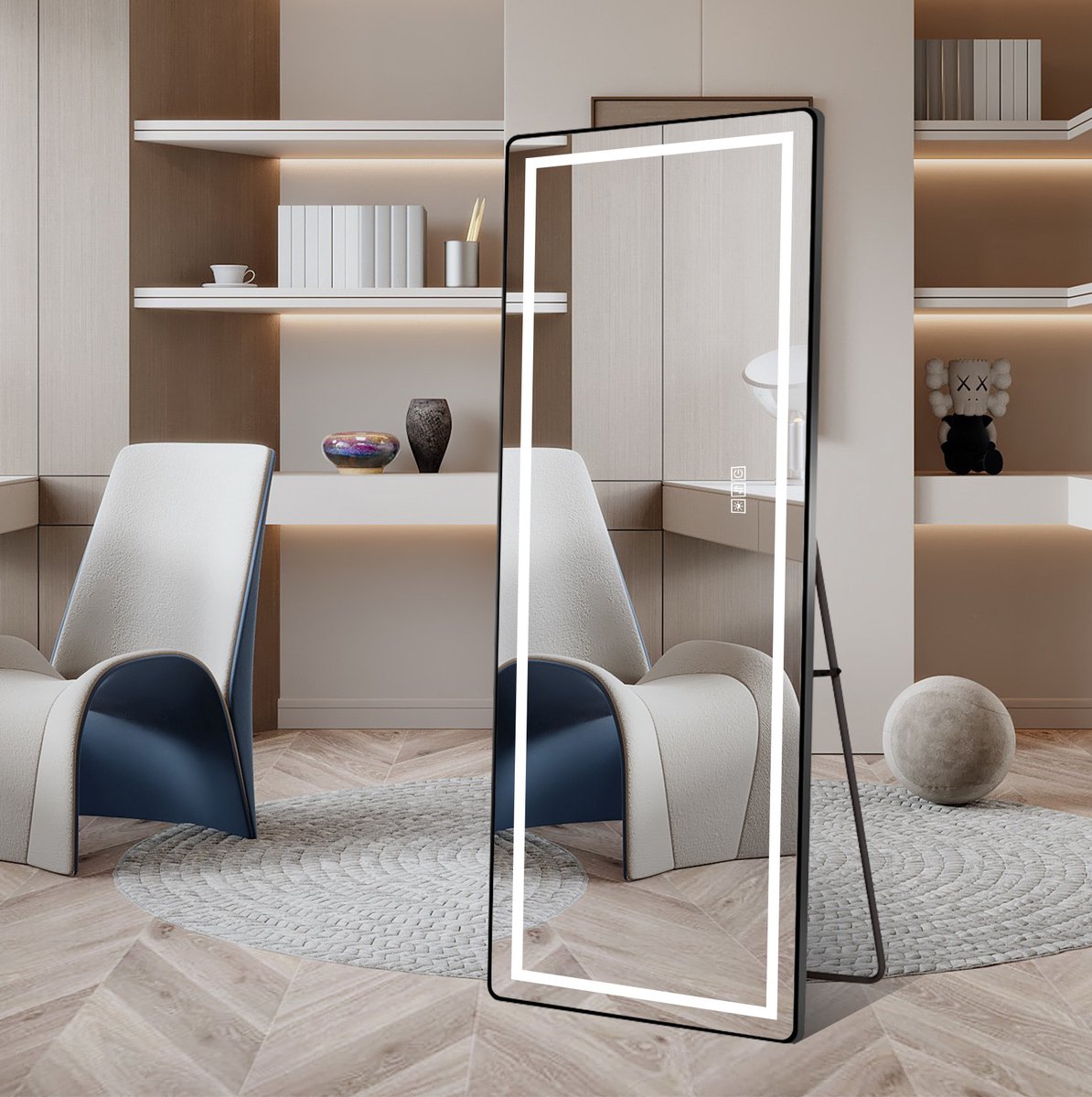 COVREO Staande spiegel 163x54 cm zwart, glas en metaal, LED dimbaar