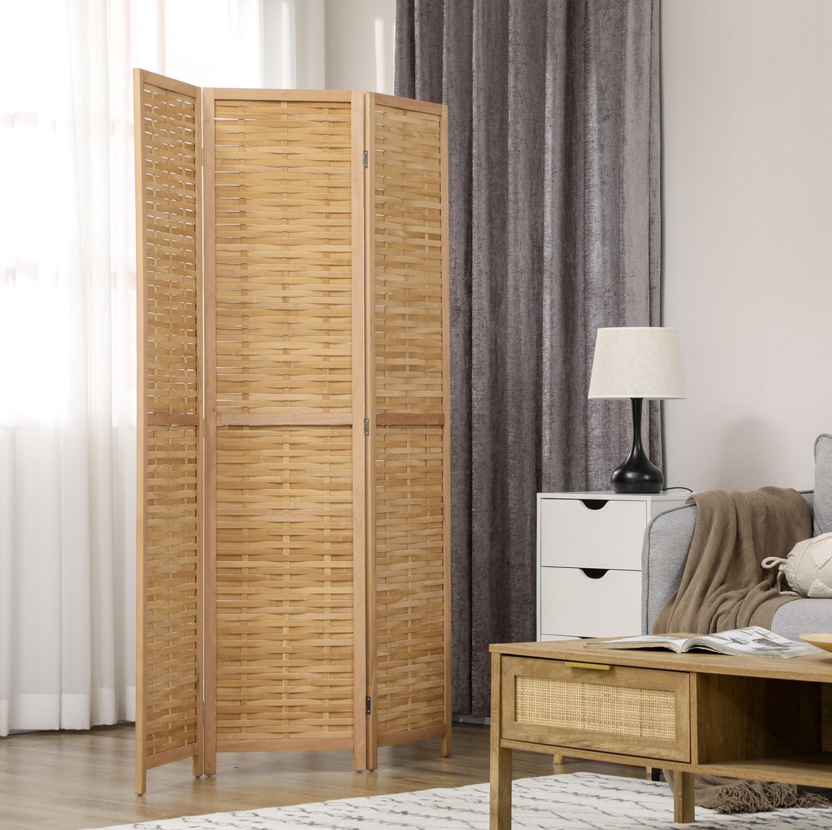 COVREO Kamerscherm 120 x 170 cm naturel houtkleur bamboe, 3-delig opvouwbaar