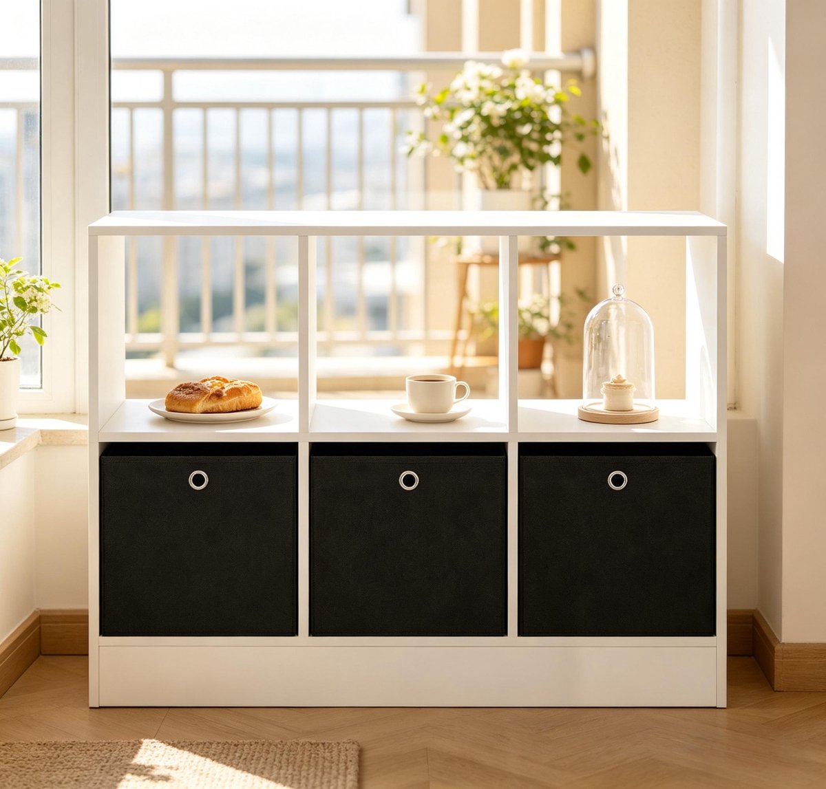 Vakkenkast – 80 x 30 x 61 cm – Met 3 Stoffen Lades – Houtvezelplaat En Vliesstof – Wit Zwart – Woonkamer