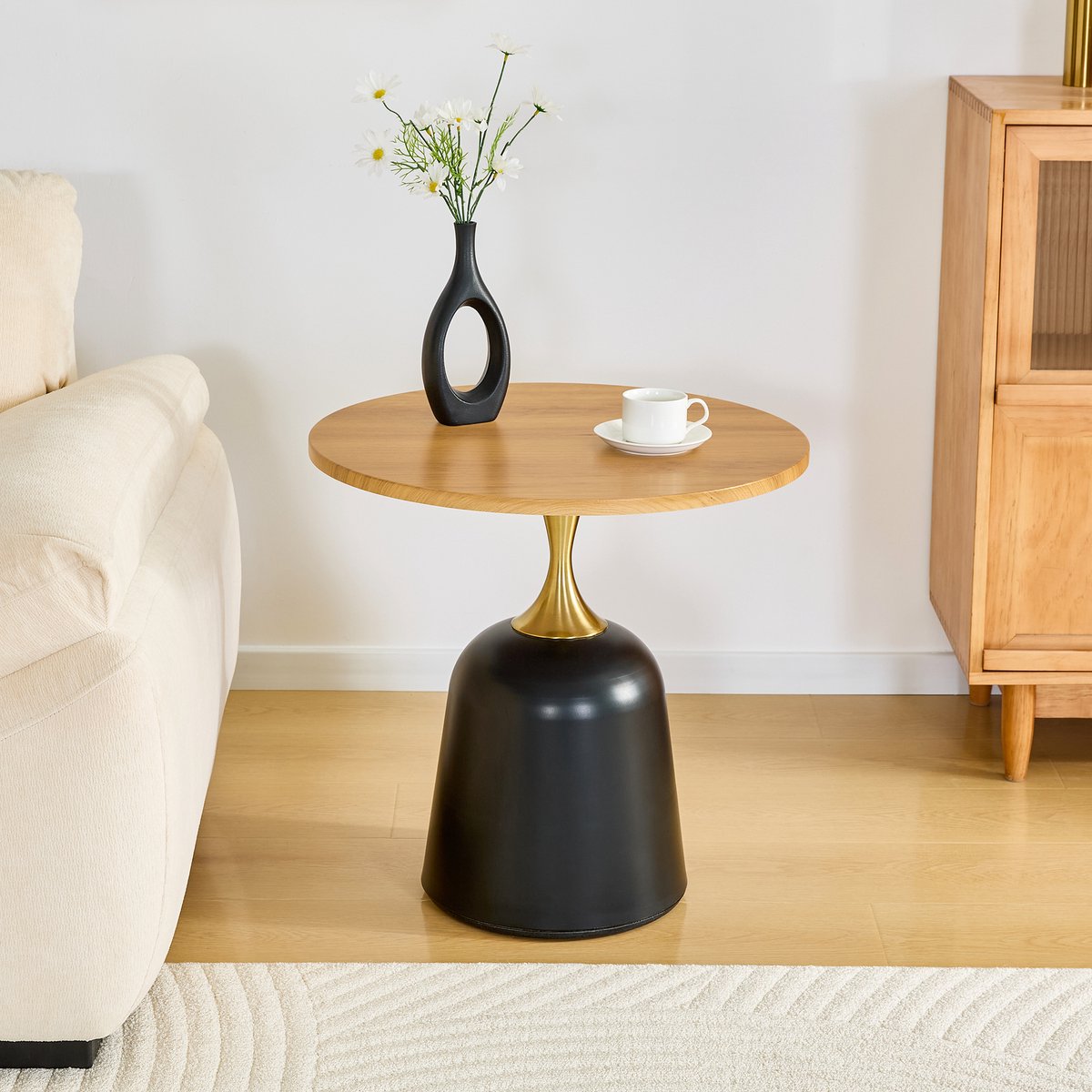 Wishdor Ronde bijzettafel - Met metalen onderstel - Houtlook - Scandinavisch - Zwart - Ø 60 cm - 58 cm hoog - Voor woonkamer en slaapkamer