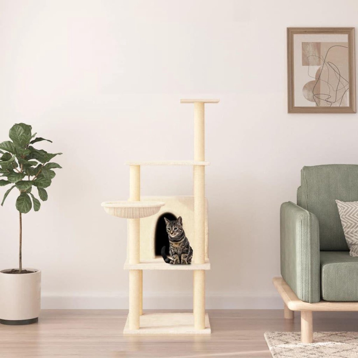 Krabpaal Kattentoren - Klimboom Kat - Katten Vermaken - Meerdere Niveaus - 132 cm - Crèmekleurig