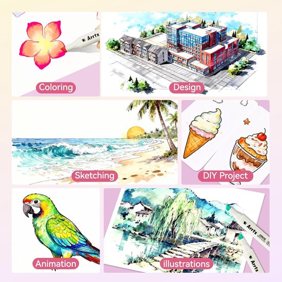 Collage van creatieve toepassingen van Arrtx stiften: bloem inkleuren, gebouw ontwerpen, strand schetsen, dessert project, papegaai animatie, en landschap illustratie.