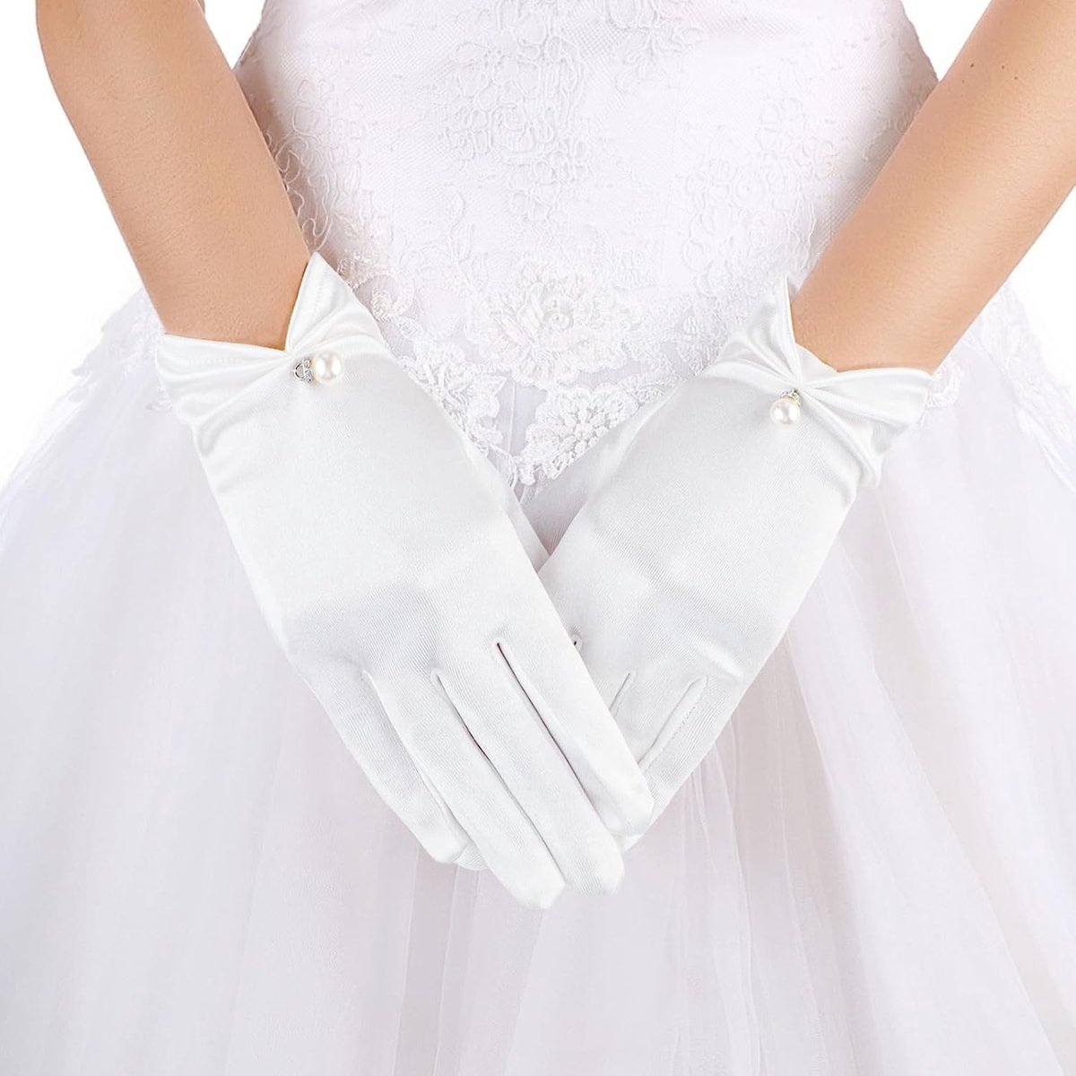 Elegante Korte Satijnen Bruids Handschoenen met Parels voor 1920s Feest, Thee Party en Dans