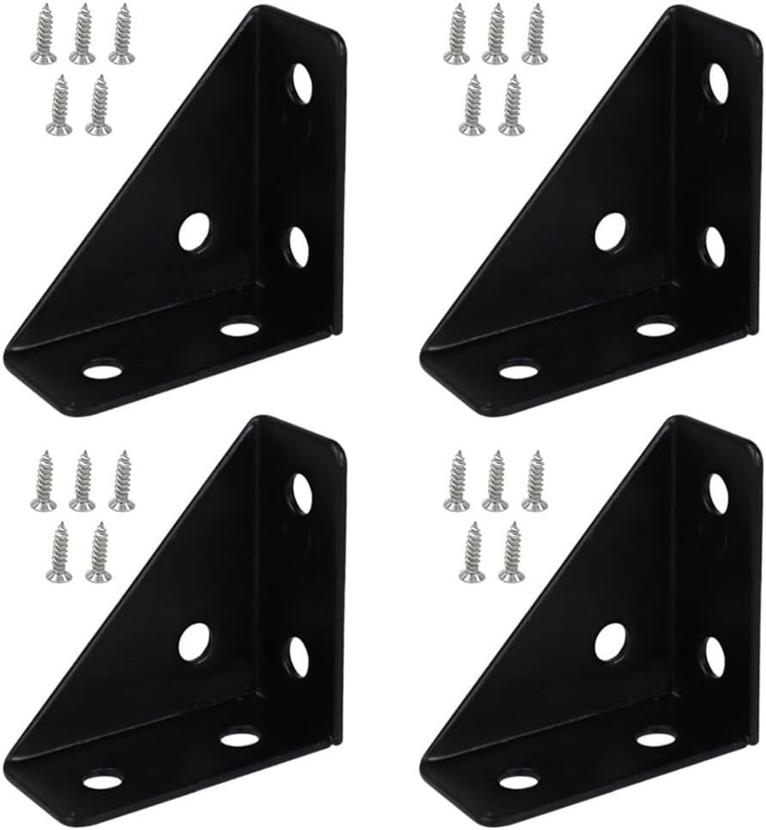 Set van 4 Hoekbeugels 66mm x 66mm, 90 Graden Triangulaire Beugels voor Planken, Meubels en Kasten met Schroeven, Zwart