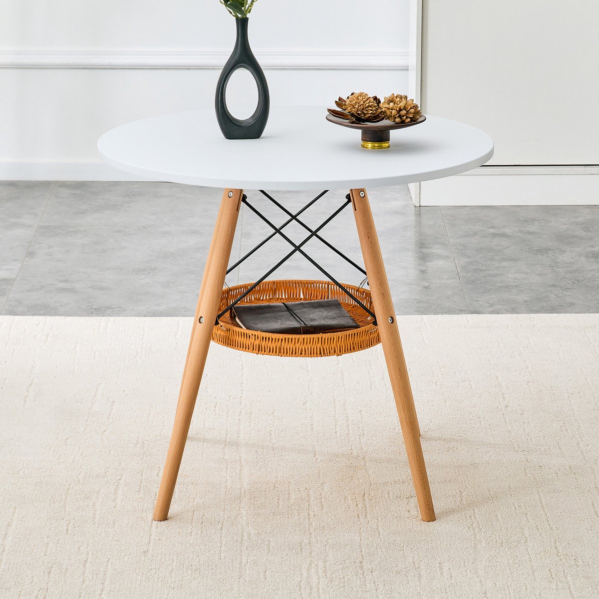 Wishdor Ronde eettafel 80 cm - MDF blad - massief houten poten - Scandinavisch - met opbergmand - wit en hout - voor 2 tot 4 personen