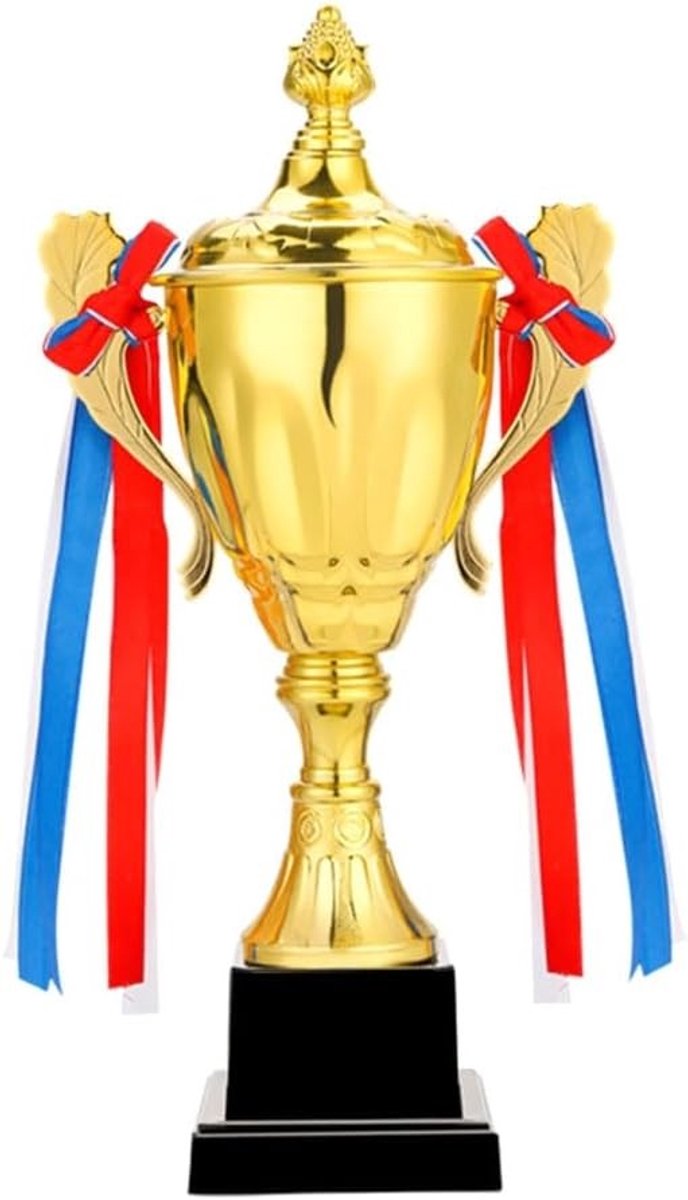 Trofee in goudkleurig metaal van 30 cm met vierkante basis voor sportevenementen, wedstrijden en prijzen