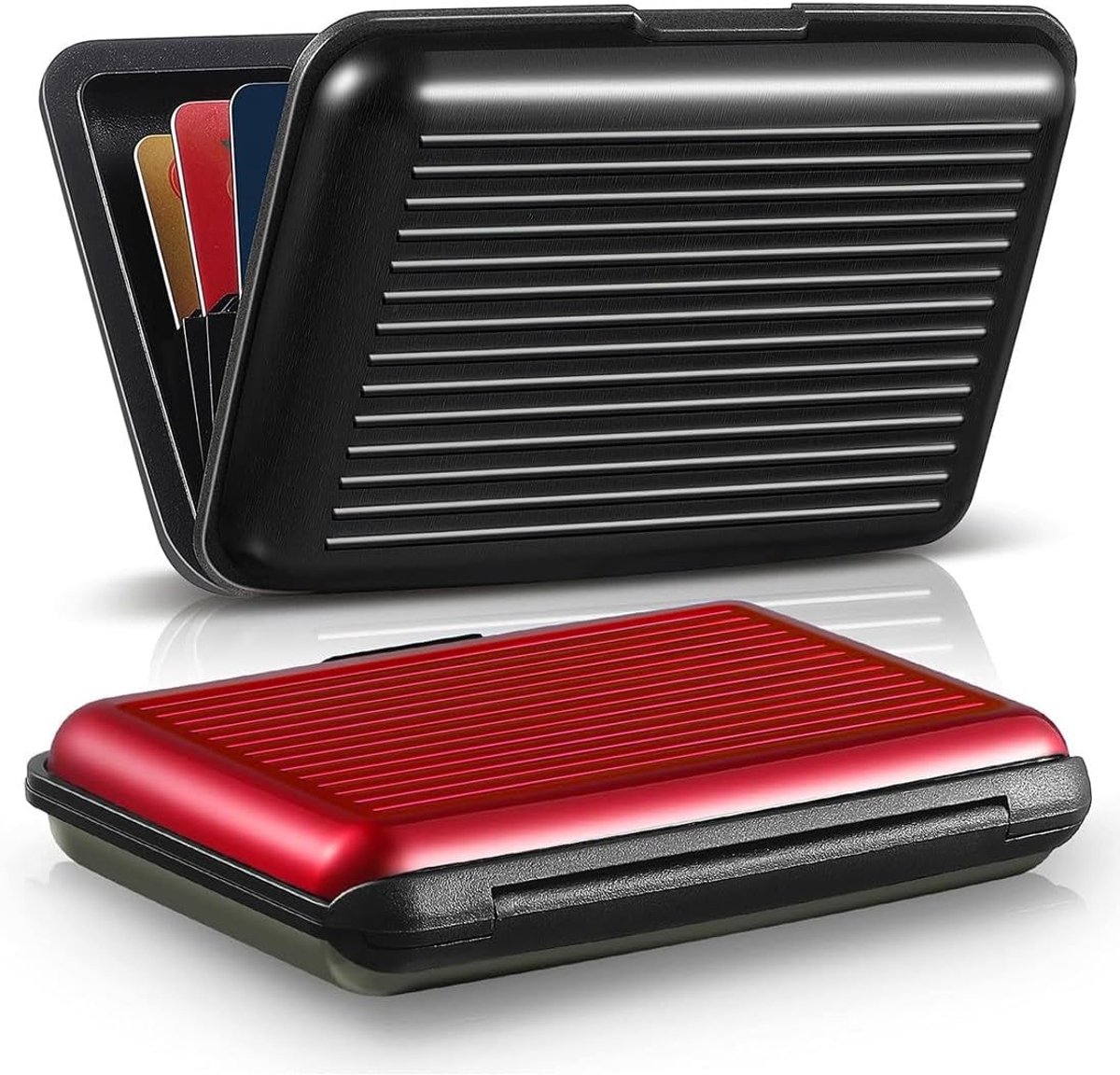 Set van 2 Aluminium Credit Card Houder met RFID Bescherming, Geschikt voor Dames en Heren, Ideaal voor Kaarten en Identificatie (Rood/Zwart)