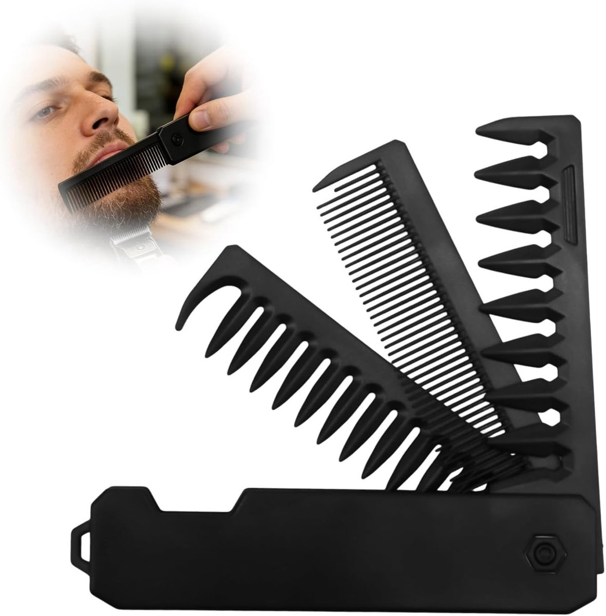 Vouwbare 3-in-1 Kam en Baardkam voor Mannen, Draagbare Reisborstel, Antistatische Pocketkam voor Haarstyling en Robuuste Baardverzorging