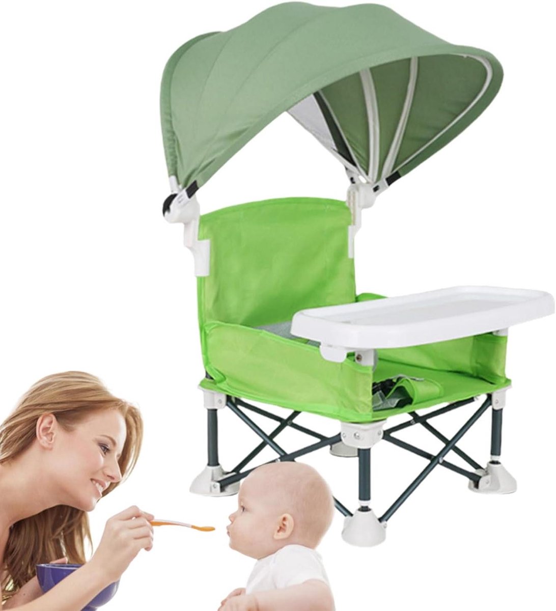 Baby Eetstoel Opvouwbaar - Kinderstoel Reizen - Buiten Eten - Met Zonnescherm - 39 x 18 x 39 cm - Groen