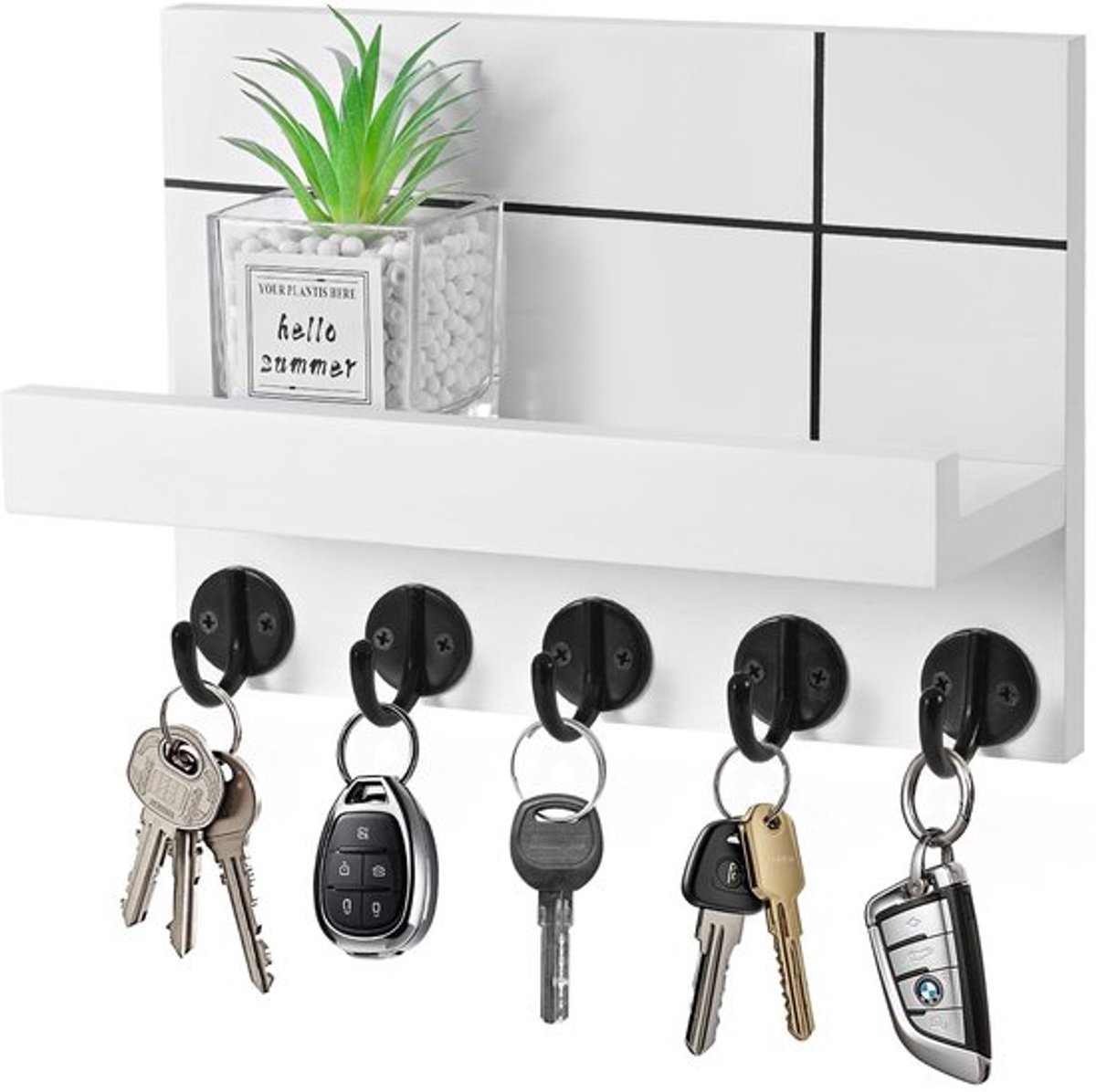 Sleutelhanger Wand - Decoratieve Sleutelhanger - Wandrek met Plank - 5 Haakjes - Houten Sleutelkast - Multifunctioneel Ontwerp