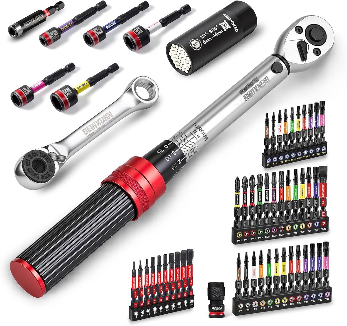 Momentsleutel voor fiets - Zilver - 237 mm - 1/4 inch Aandrijving 56-delige Set met Ratelkop en Bits - Voor Fiets en Auto