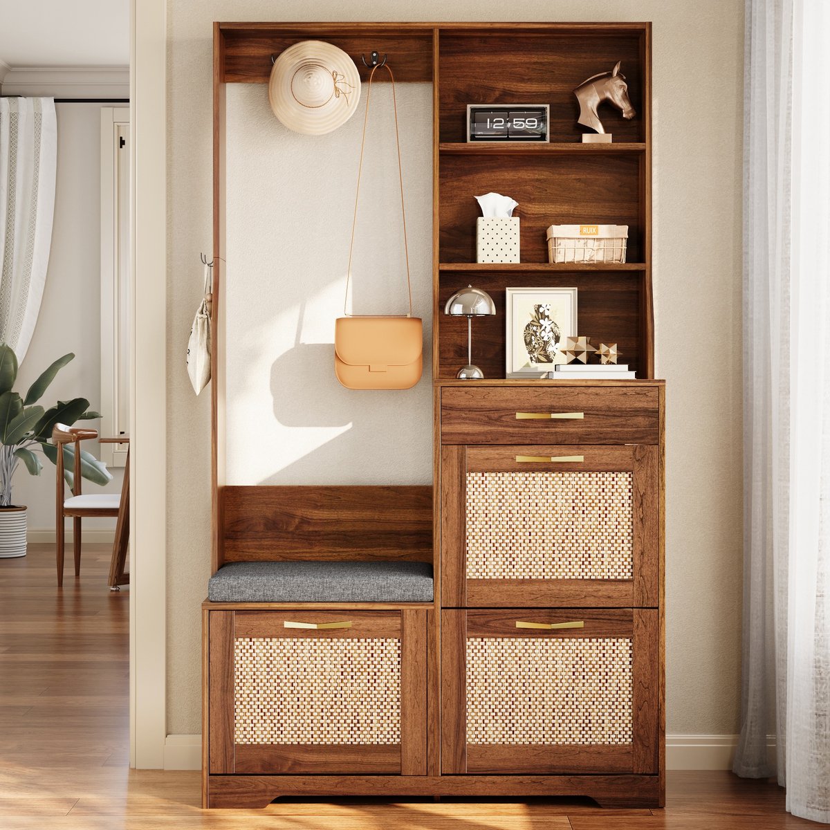 Pugsdrly Garderobekast, halgarderobe met bankje, schoenenkast, rotan front, kapstok, lades, opbergkast, hal