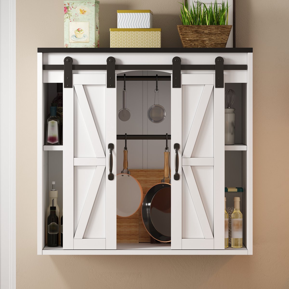 Pugsdrly Keukenwandkast met 2 schuifdeuren en verstelbare legplanken, hangkast voor opbergruimte in de woonkamer, badkamer en wasruimte, 80 × 31 × 76 cm