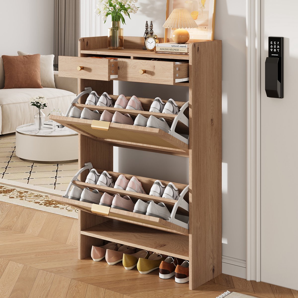 Pugsdrly Moderne schoenenkast met dubbele rotan deuren, 2 lades en opbergruimte met meerdere niveaus, smalle schoenenkast voor de gang en hal, houtlook, 65 × 25 × 106 cm