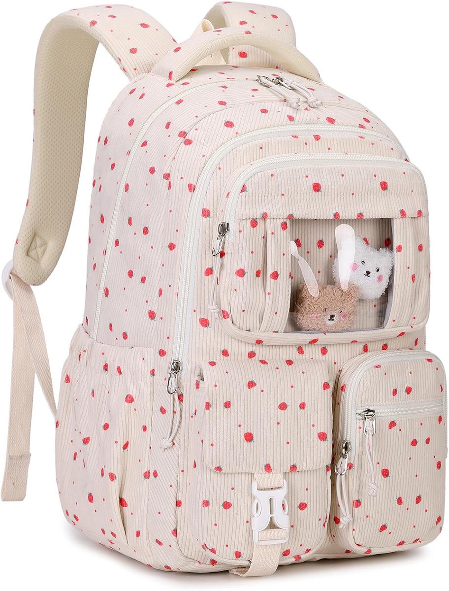 Meisjes Rugzak – Corduroy Schoolrugzak – 15 Inch Laptopvak – 17 × 33 × 47 cm – Met Berenbroche & Meerdere Vakken – Gebroken Wit met Roze Aardbeien – Voor School, Reizen & Dagelijks Gebruik