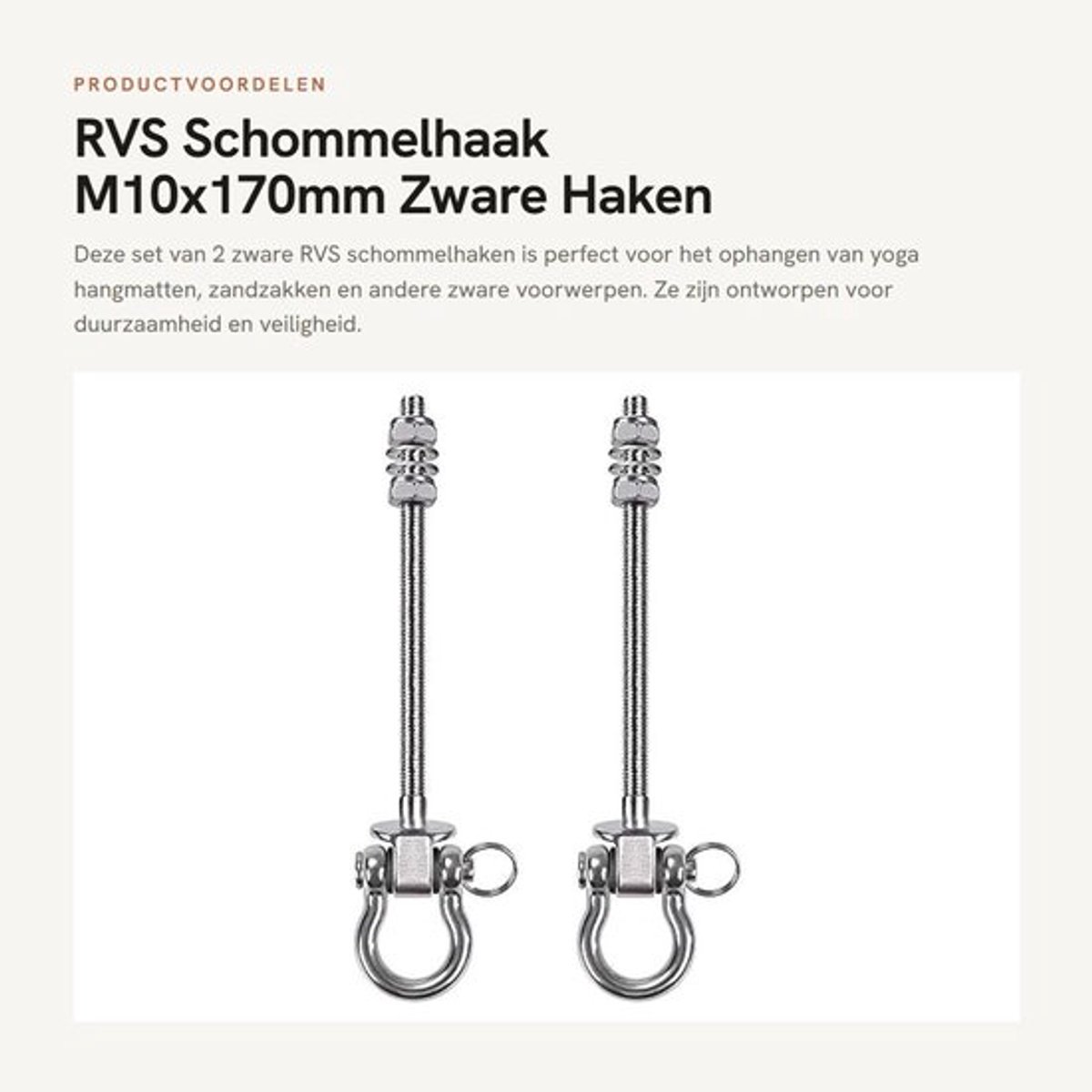 Schommelhaak Zware Haken - M10x170mm - Anti-vastloopschroefdraad - Temperatuurbestendig - Roestvrij Staal - 2 Stuks - Hanghaak