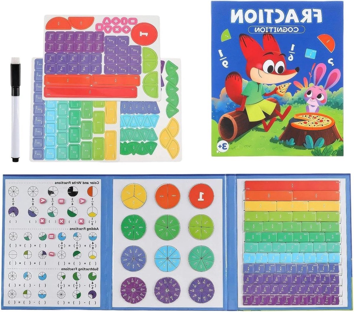 Magneetboek Breuken - Breuken Leren Wiskunde Hulpmiddel - Wiskunde Oefenen - Interactieve Magnetische Delen - 18.6 cm - Meerdere Kleuren