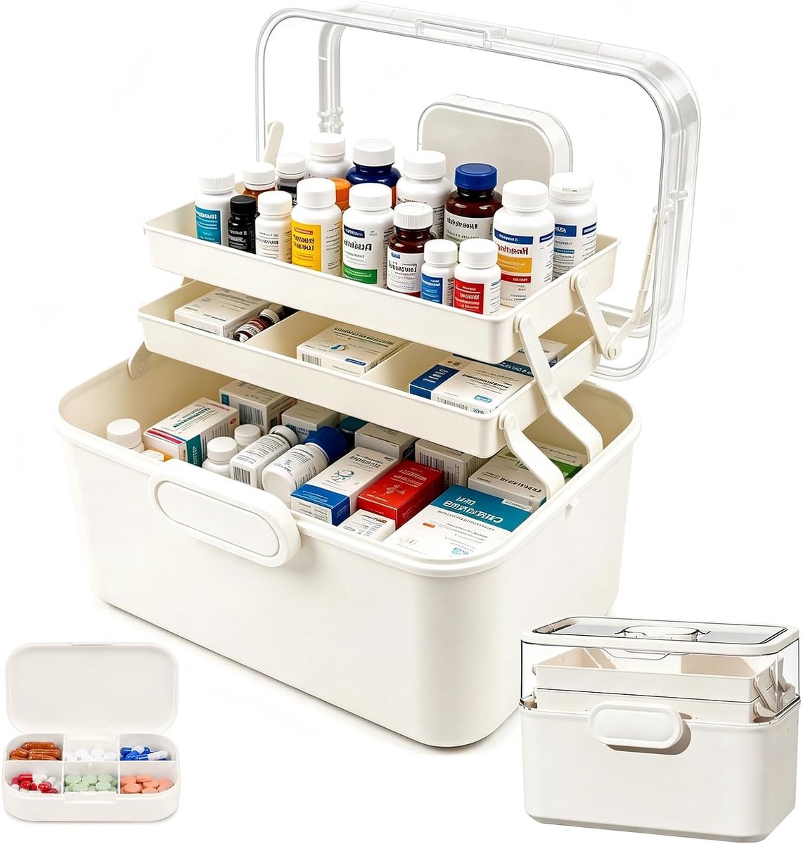 Grote 3-Laags Medicijndoos en Opbergbox voor Thuis en Reizen | Handige Organizer met Compartimenten voor Vitaminen, Supplementen en Medicijnen