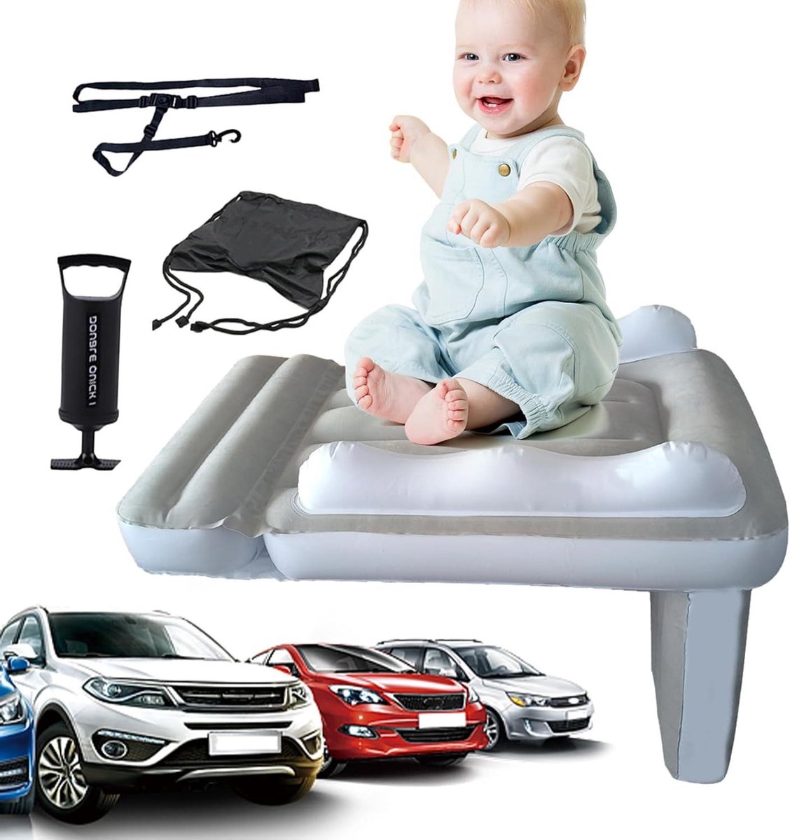 Opblaasbaar Reisbed - Luchtbed Kinderen - Reizen met Baby - Inclusief Veiligheidsharnas - 80 x 60 x 50 cm - Grijs