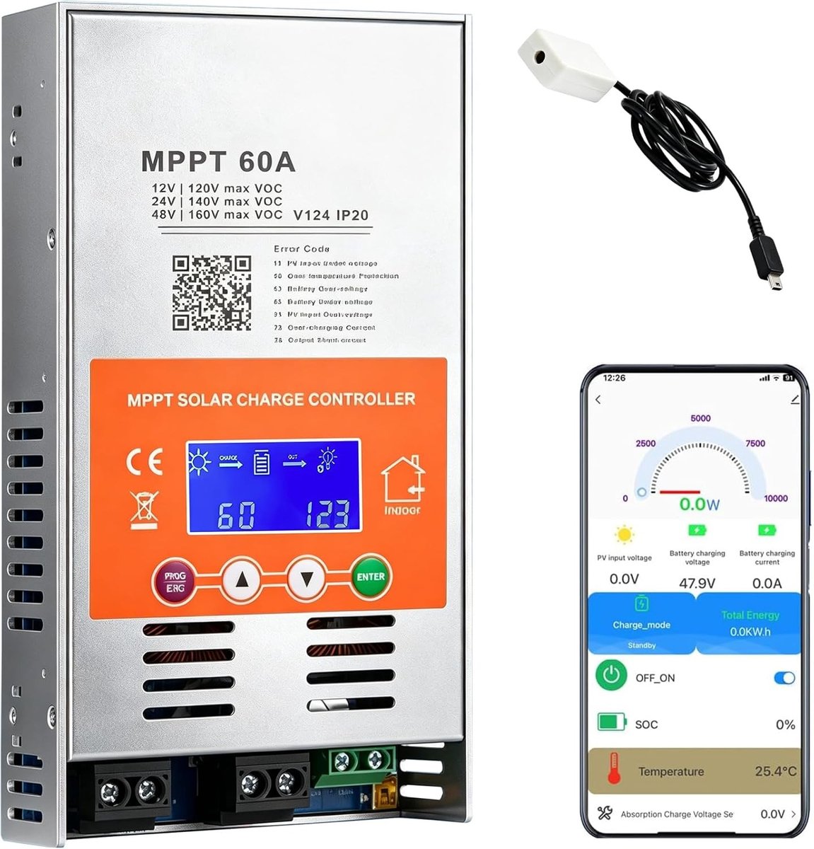Zonne-energie MPPT Laadregelaar 60A voor 12V, 24V, 48V met LCD-display, WiFi en App-besturing