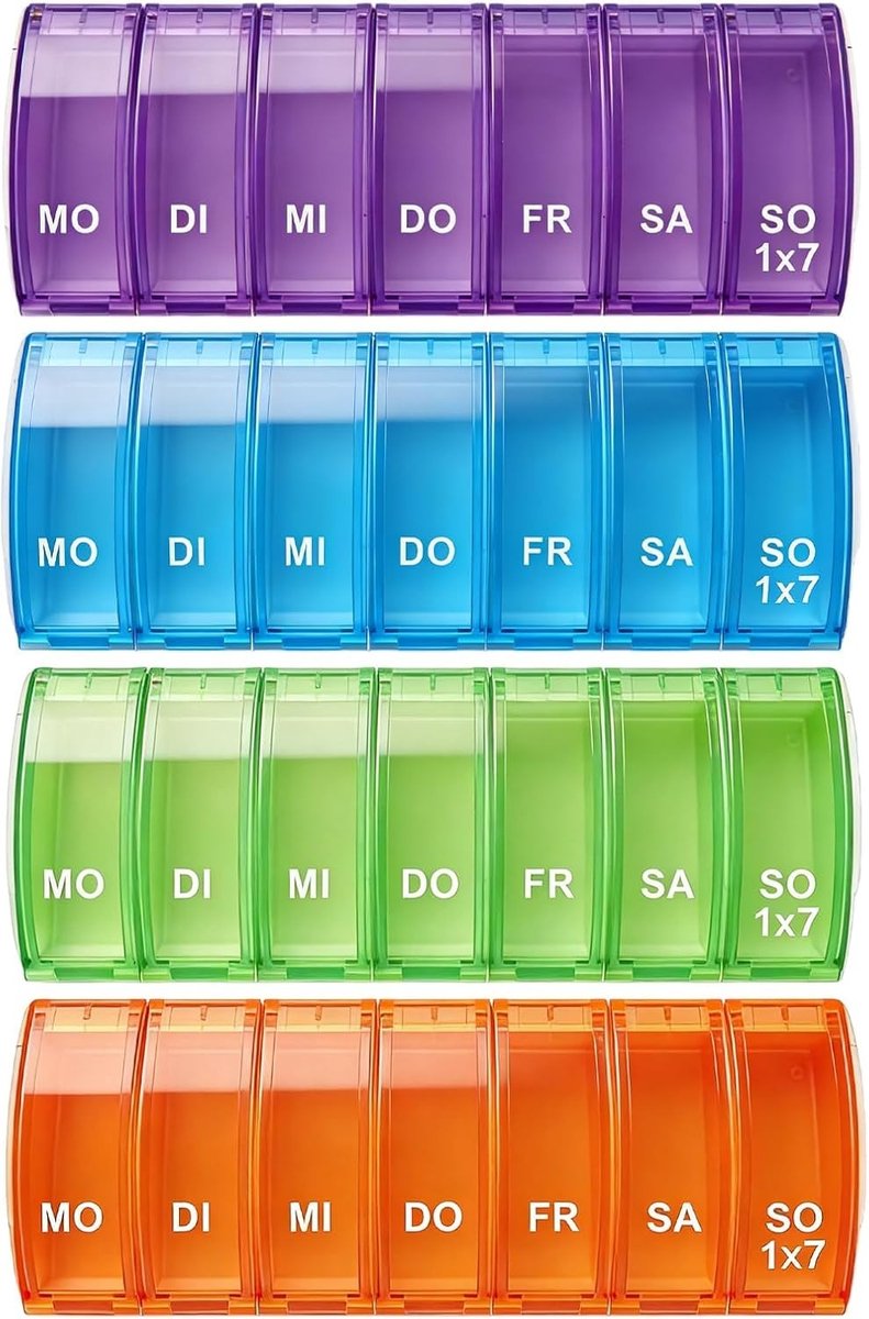 Medicijn Doos voor 7 Dagen - 4 Delige Pillendoos met Transparant Venster, Kleurige Tablettenbox voor Dagelijkse Medicatie en Reizen