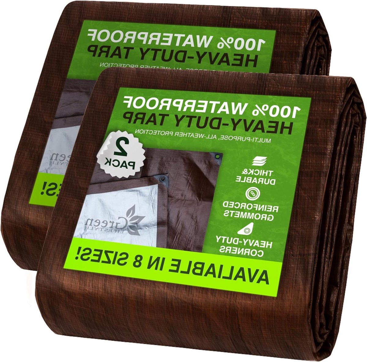 Tarp Cover - Beschermzeil Dekzeil - Buiten Beschermen - Waterdicht Scheurbestendig - 8x10 2 Pack - Bruin Zilver