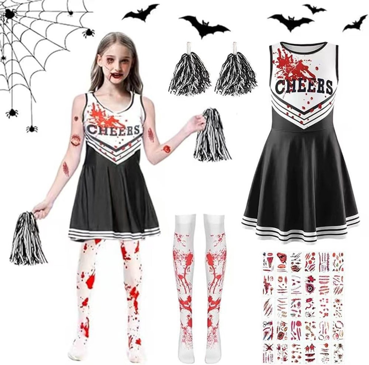 Cheerleader Halloween Kostuum voor Meisjes - Zombie Thema met Bloed, Strumpfhosen en Tattoo Stickers voor Feest en Cosplay