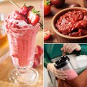 Kollage met een aardbeiensmoothie in een glas, tomatenpuree in een kom en een smoothiebeker in een tas.