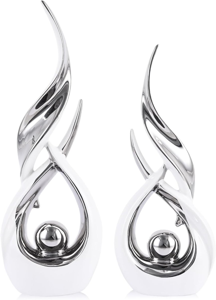 Abstract Keramisch Standbeeldset - Wit Zilver - 2-delig - Modern Kunst - Voor Huisdecoratie