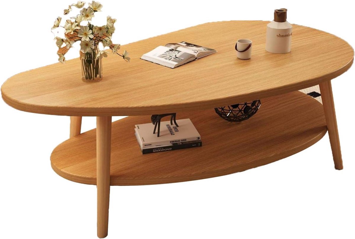 Salontafel Massief Hout - Bijzettafel Ovale Tafel - Woonkamer Inrichten - Stevige Houten Constructie - L70xW40xH50cm - Walnut