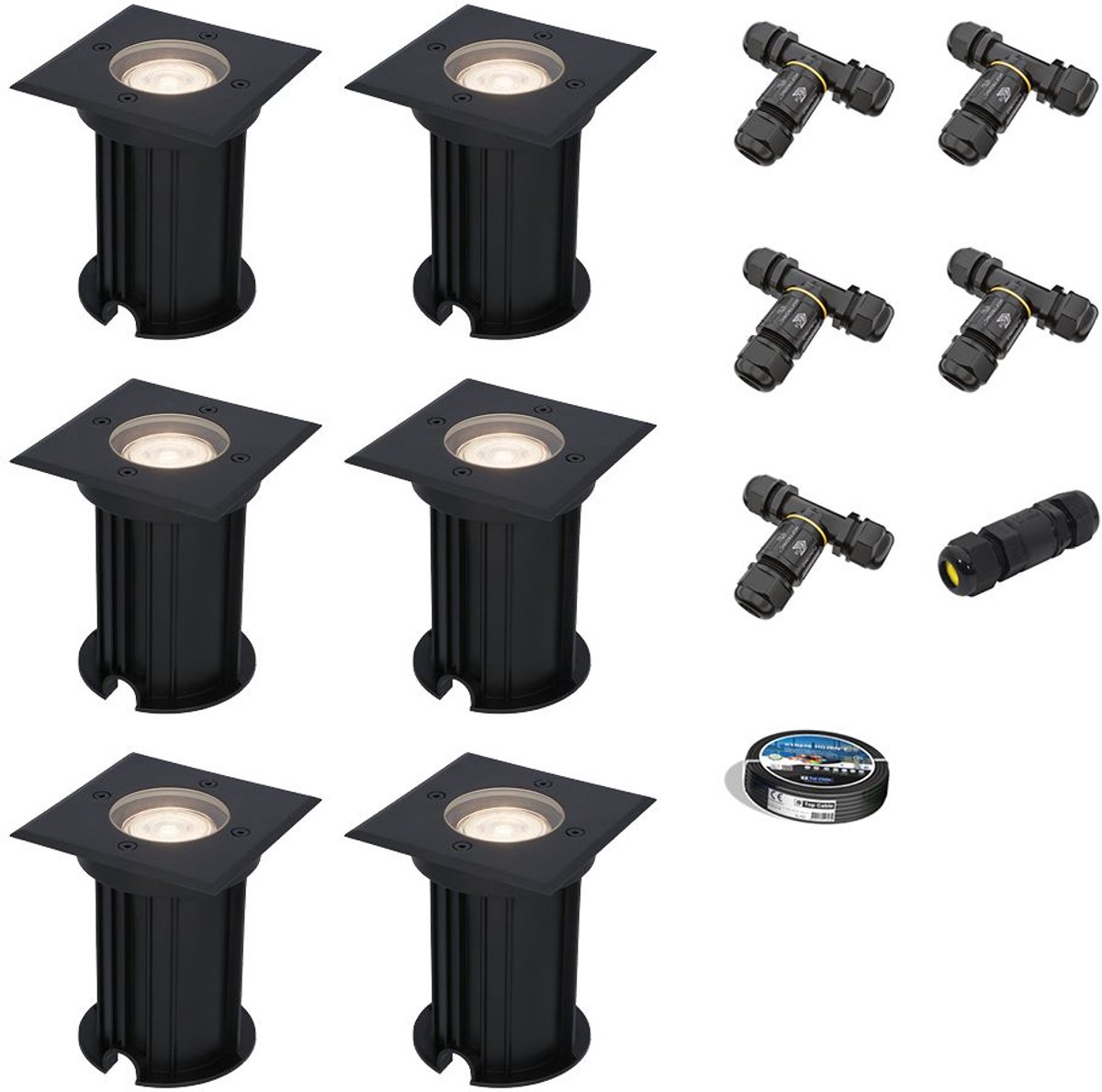 Set van 6 Ramsay LED Grondspots - Vierkant - Dimbaar - GU10 - 4000K neutraal wit - 4W 345lm - Tuinspot - Zwart - IP67 waterdicht - Overrijdbaar voor de Oprit, Tuin en Terras - Inclusief installatiemateriaal (Kabel & connector)