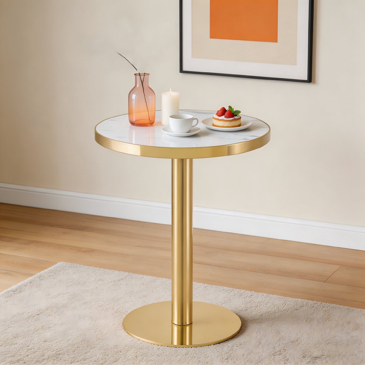 Wishdor Ronde bijzettafel - Marmerlook tafelblad - goudkleurig rvs frame - modern - stabiele ronde voet - wit/goud - 60 x 74 cm