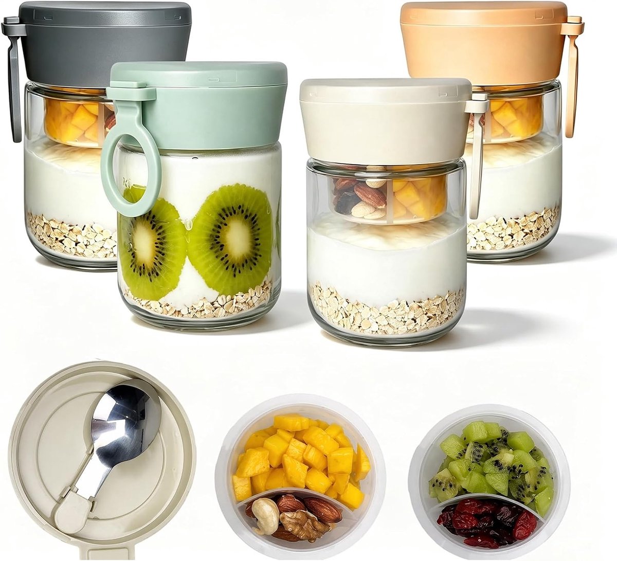 Yoghurt beker to go - Transparant - 473 ml - Dubbelwandige glazen ontbijtbeker met deksel - Voor ontbijt en snack