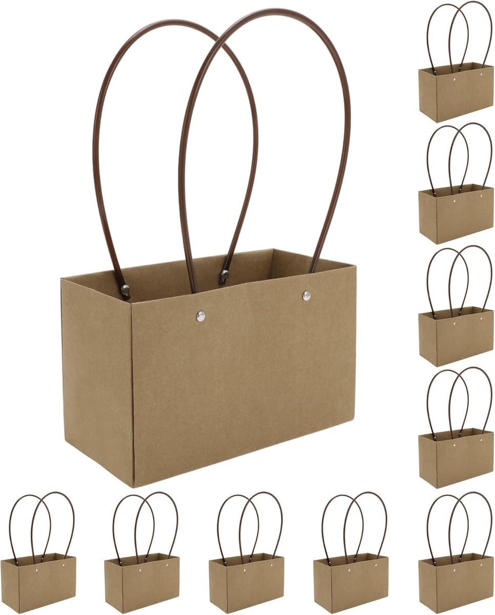 10 stuks bloemenzakken met handvat, boeketzakken voor bloemen, geschenkverpakking voor verjaardag, bruiloft, Moederdag, 22 x 11 x 13,5 cm, geelbruin, duurzaam, feestelijk, veelzijdig