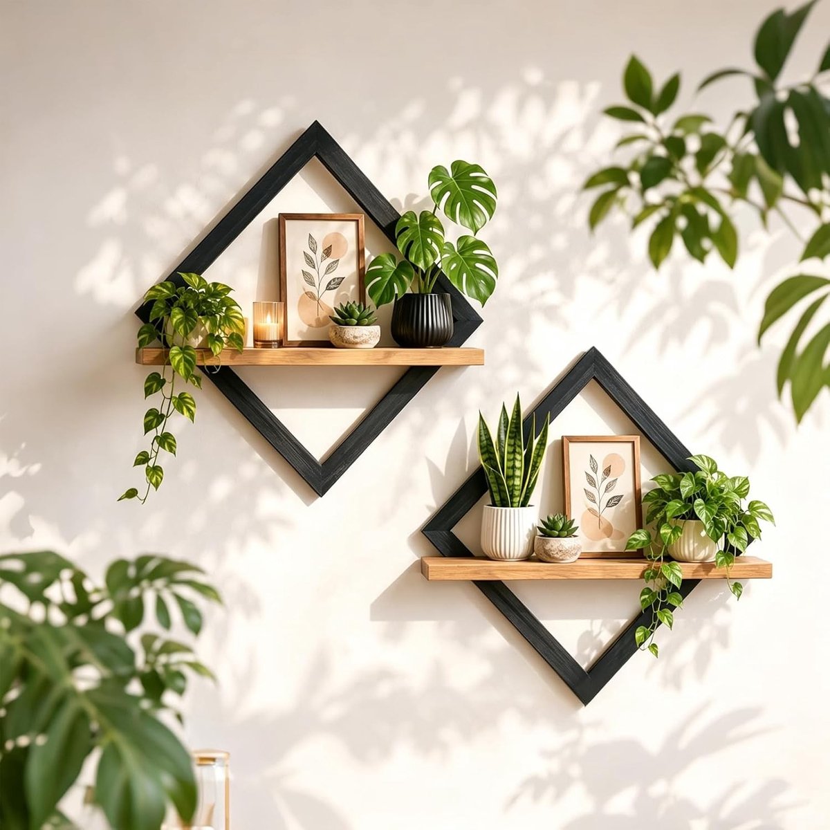 Moderne Boho Wandplanken Set van 2 voor Kunst en Decoratie in de Woonkamer (Beige)