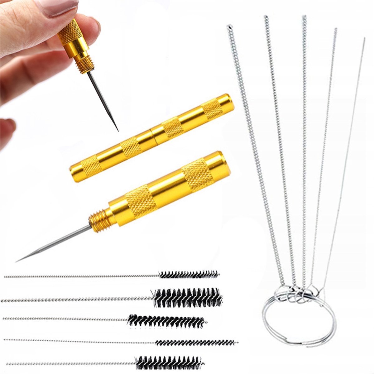 Rosfix Reinigingsborstels en Gouden Prikpen Set - Metaal 5 Stuks - Naalden 0,5–1,4 Mm RVS