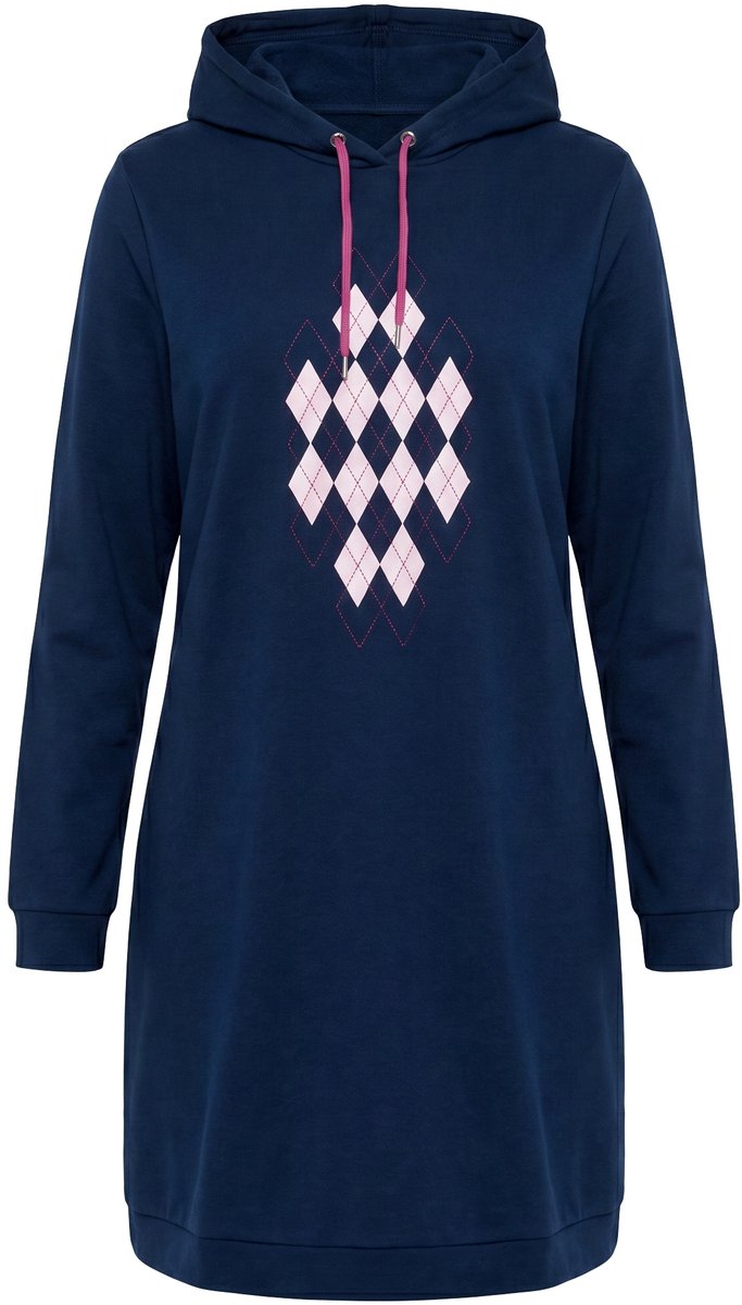 Ulla Popken Dames - Loungewear-jurk ruitmotief capuchon lange mouwen - Nachtblauw - Maat 62+
