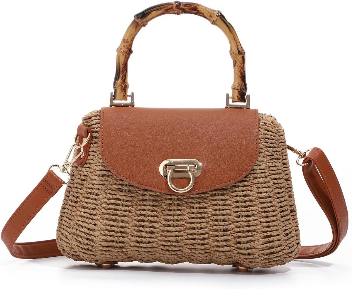 Dames Schoudertas - Rieten Tas - Zomerse Uitjes - Verstelbare Band - 23 cm - Bruin