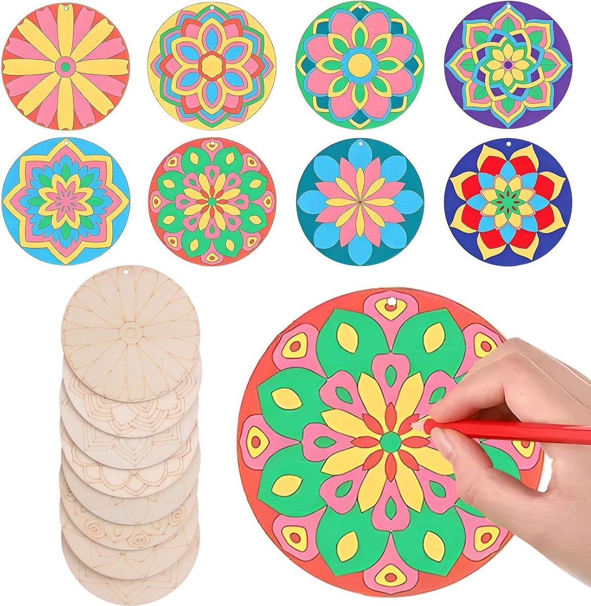 Set van 40 Houten Mandala Schilderen Onbewerkte Houten Snijwerk voor Creatieve DIY Projecten en Ontspanning